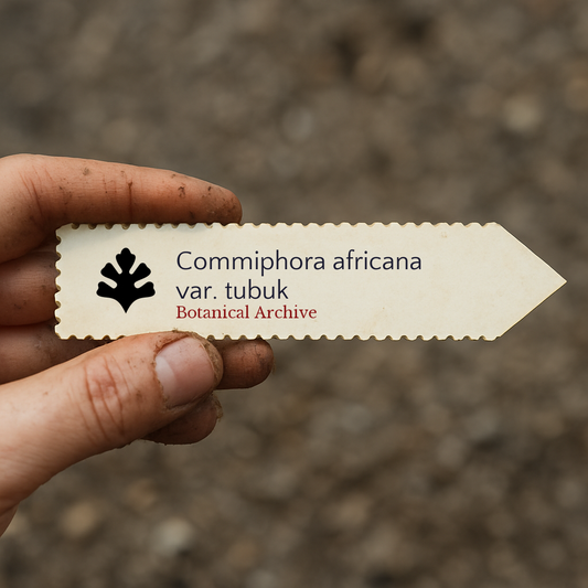 Etiqueta para planta de Commiphora africana var. tubuk con el logo de Botanical Archive sostenida por una mano