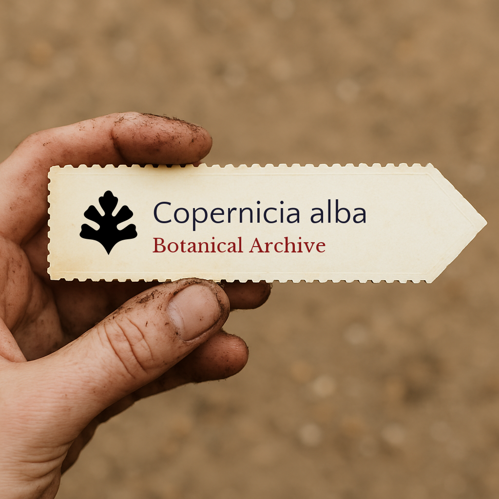 Etichetta vegetale stampata per Copernicia alba tenuta a mano con sfondo di terreno