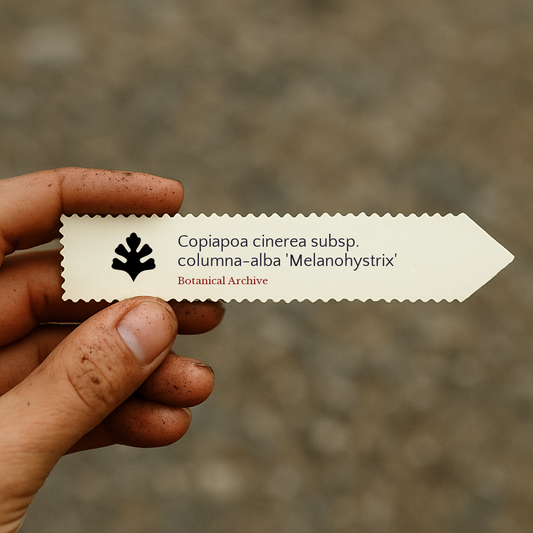 Printed plant label for Copiapoa cinerea subsp. columna-alba 'Melanohystrix' held by hand