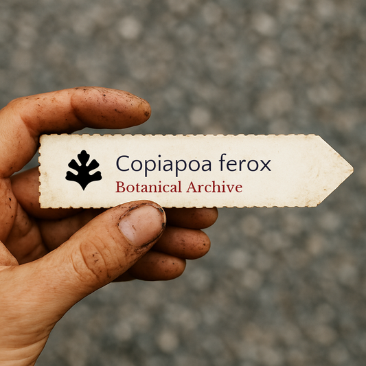 Gedrukt plantenlabel voor Copiapoa ferox met Botanical Archive-logo in de hand gehouden
