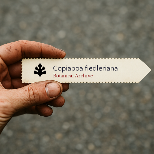 Gedrukt plantenlabel voor Copiapoa fiedleriana vastgehouden door een vuile hand buiten
