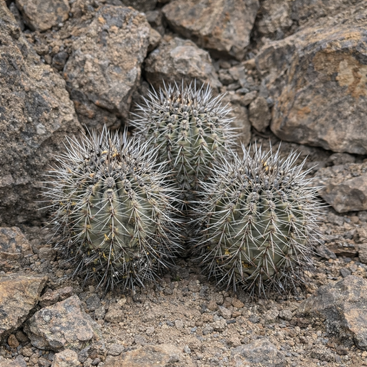 Kleine, rundliche Copiapoa leonensis Sukkulente mit dichten, scharfen Stacheln auf felsigem Boden