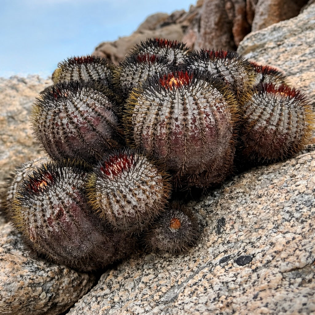 Copiapoa longistaminea cluster van zeldzame vetplanten met dichte zwarte stekels en roodachtige toppen op rotsachtige grond
