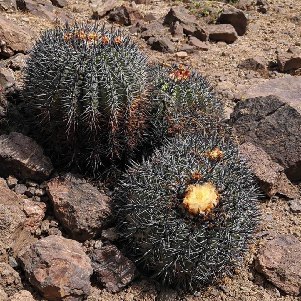Copiapoa schulziana cactus con spine nere dense e fiori di colore giallo pallido in terreno roccioso