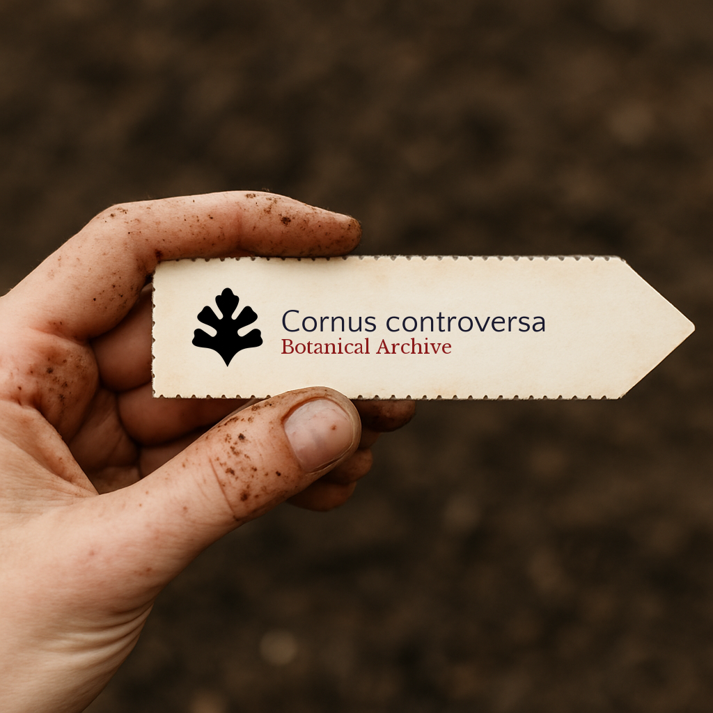 Geprinte plantenlabel voor Cornus controversa vastgehouden door een vuile hand tegen een achtergrond van aarde