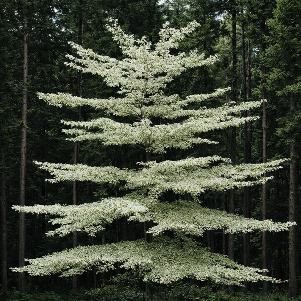 森林の中で層状の枝と白緑色の葉を持つ斑入りのミズキ・コンフオーヴェルサ（Cornus controversa）
