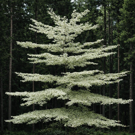 森林の中で層状の枝と白緑色の葉を持つ斑入りのミズキ・コンフオーヴェルサ（Cornus controversa）