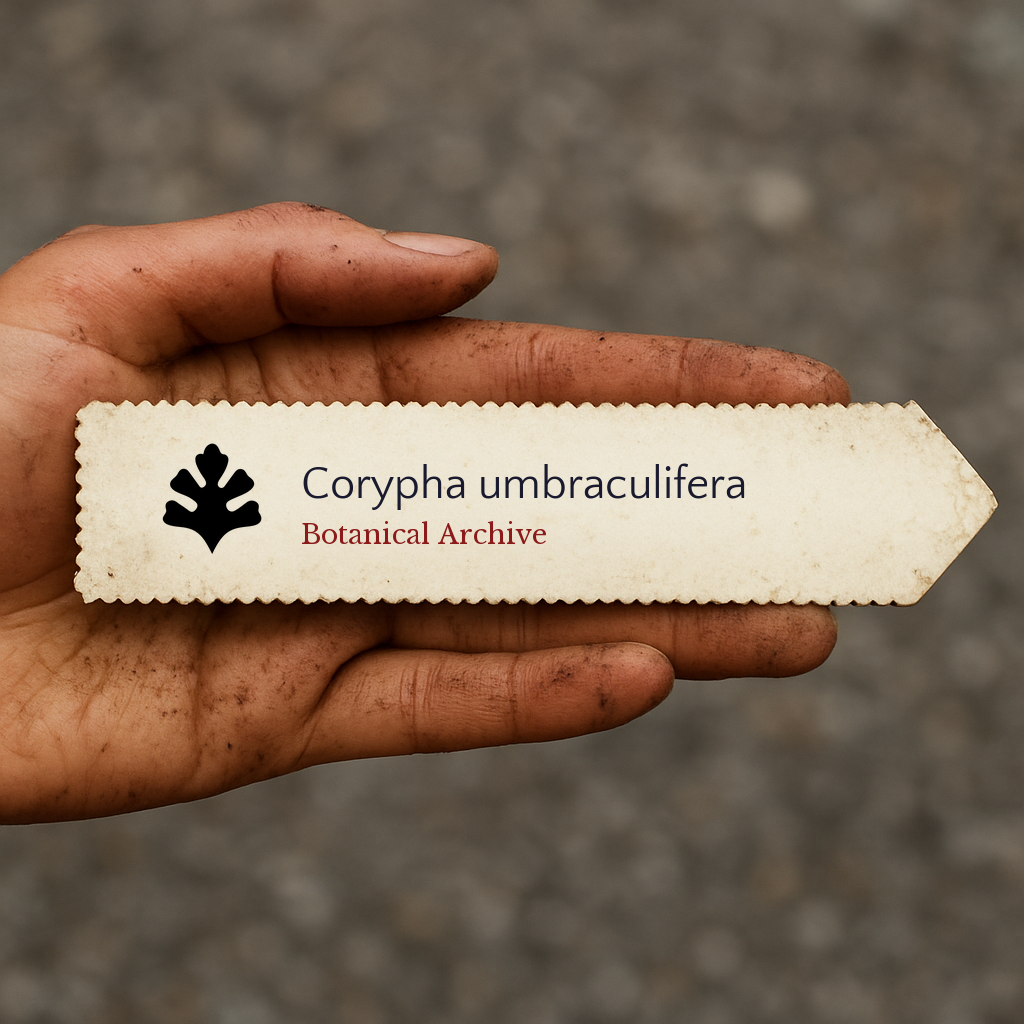 Printed plant label for Corypha umbraculifera held in a dirty hand outdoors