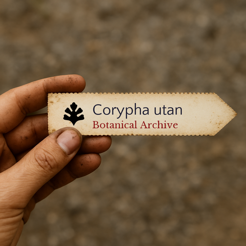 Printed botanical archive label for Corypha utan held by hand with dirt background