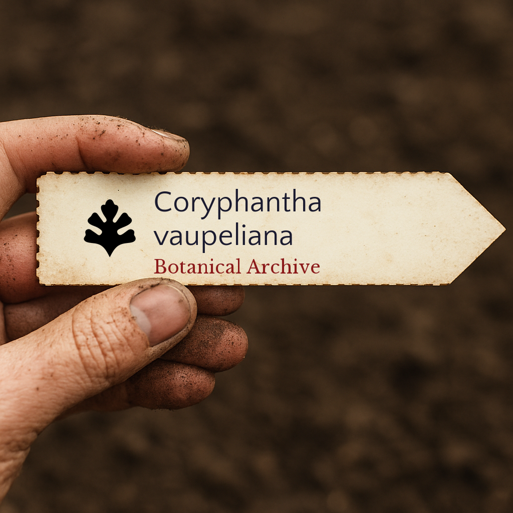 Etiqueta de planta impressa para Coryphantha vaupeliana segurada por mão suja sobre fundo de terra