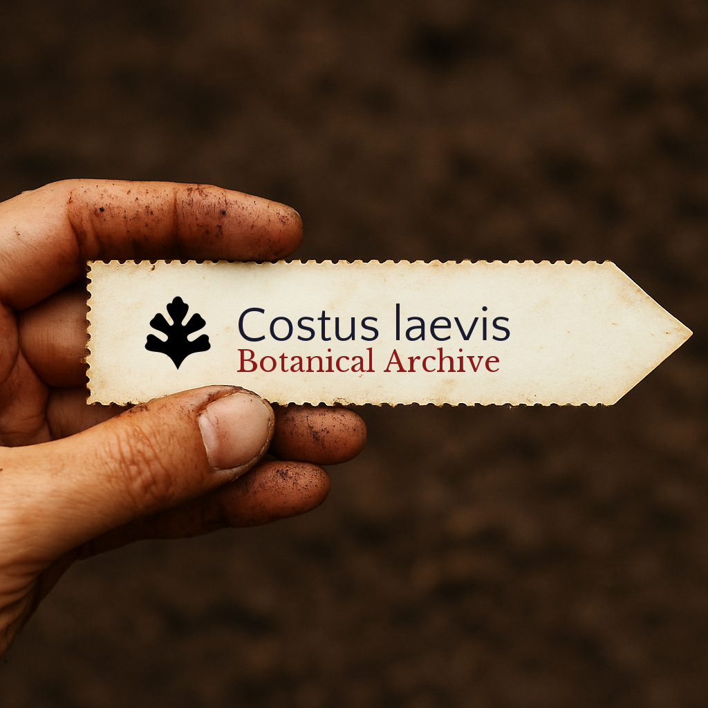 Etiqueta de planta impressa para Costus laevis segurada por mão suja sobre fundo de terra