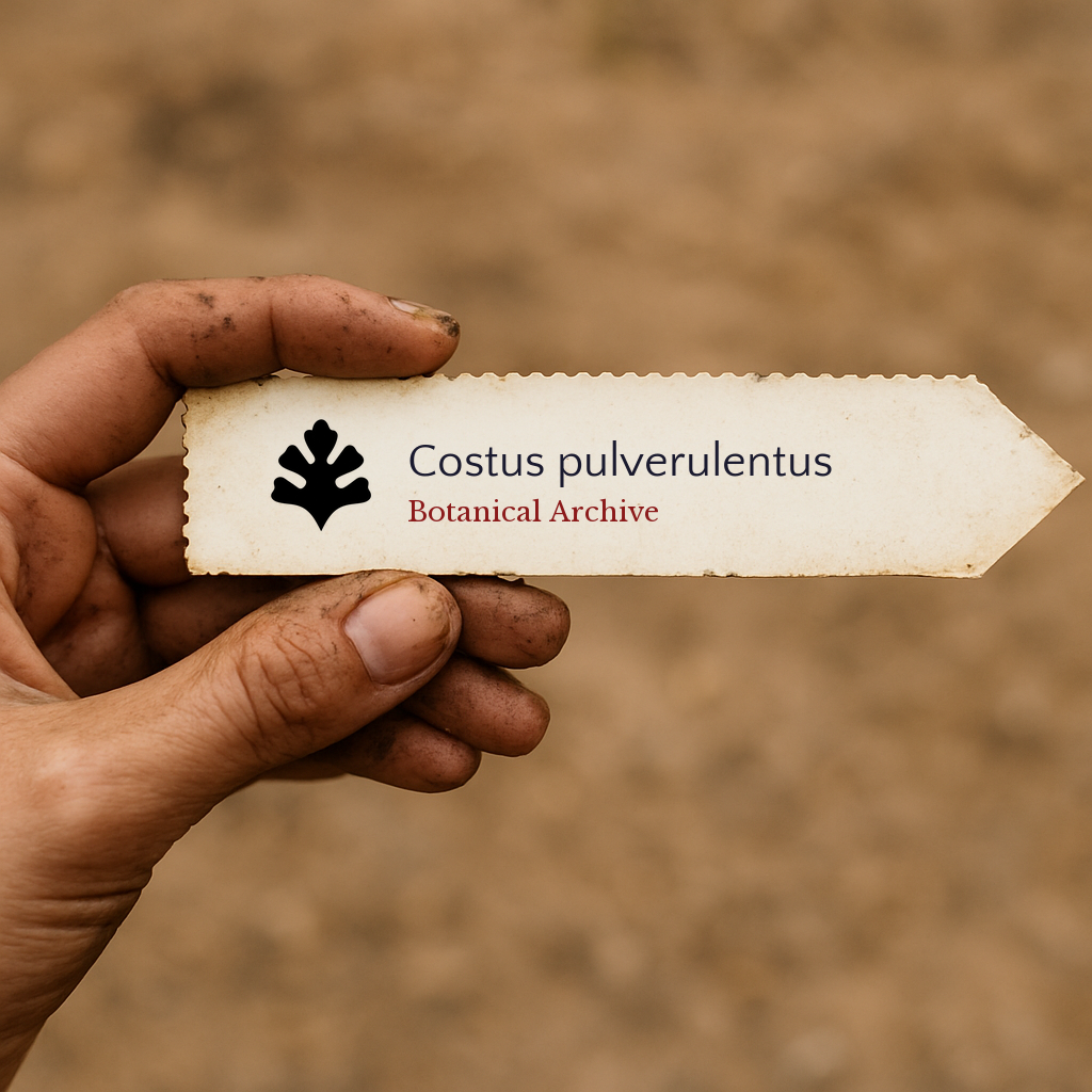 Bedrukte plantenlabel voor Costus pulverulentus vastgehouden in de hand met een achtergrond van aarde