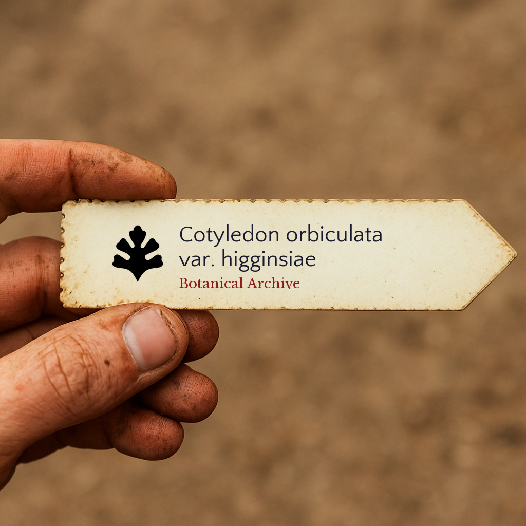 Printed plant label for Cotyledon orbiculata var. higginsiae held by hand with dirt background