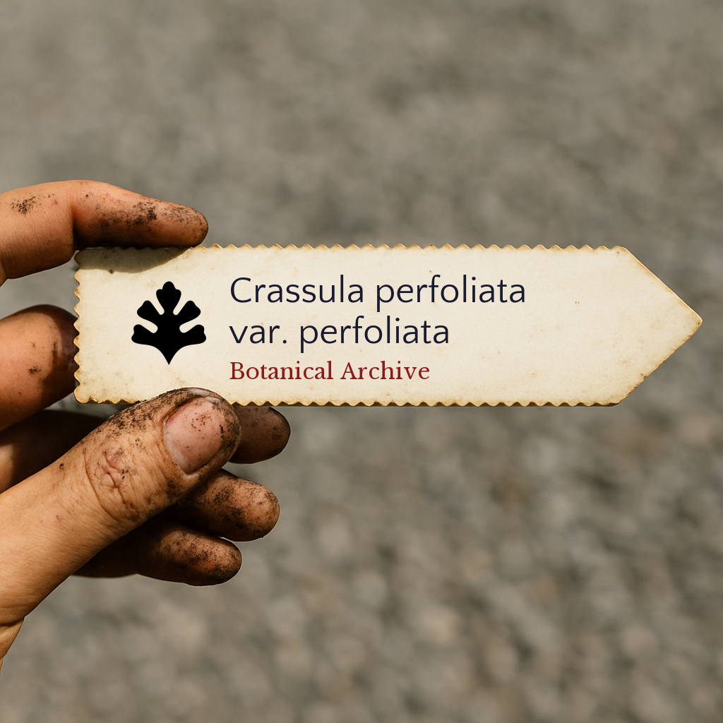Printed plant label for Crassula perfoliata var. perfoliata held by dirty hand