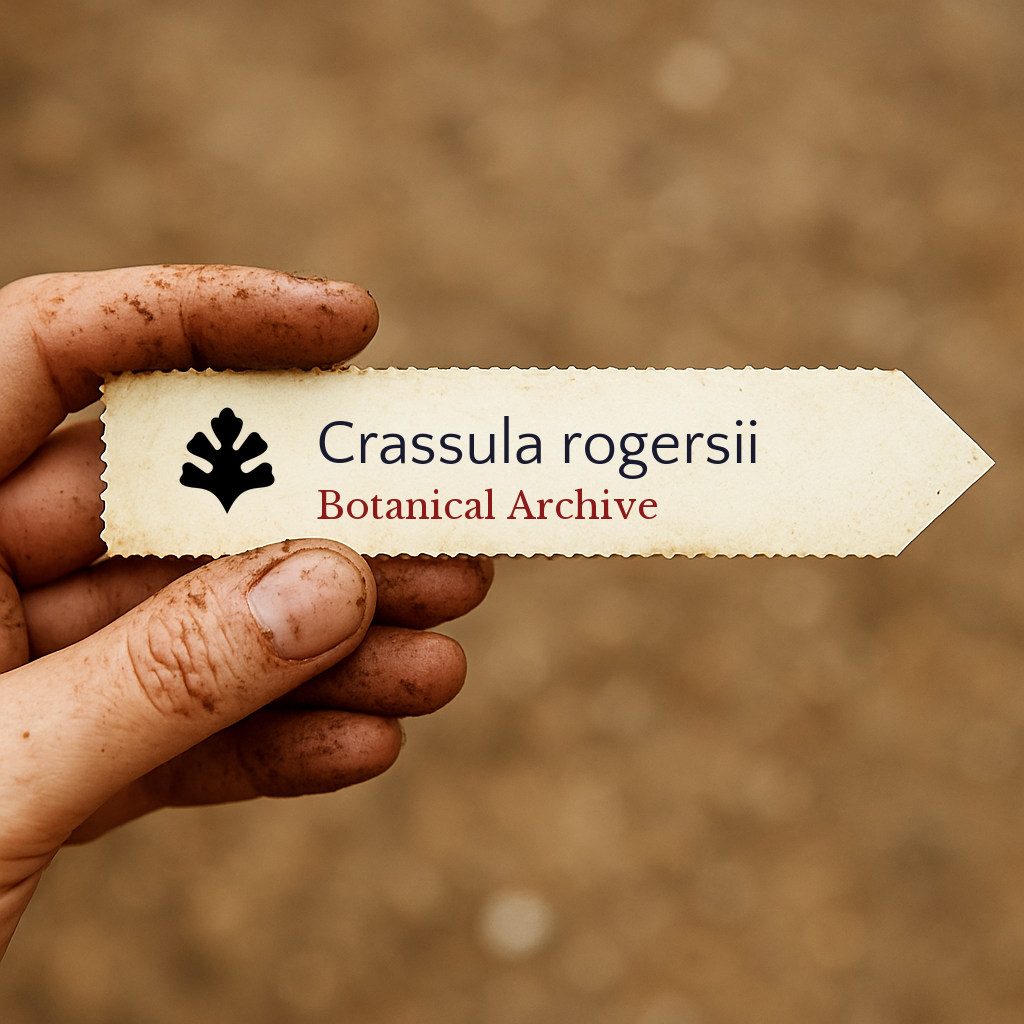 Étiquette de plante imprimée pour Crassula rogersii tenue par une main sale en extérieur