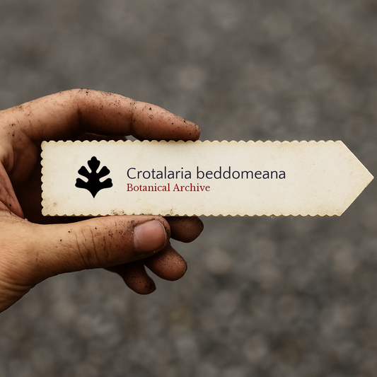 ป้ายติดชื่อพืชพิมพ์สำหรับ ครอทาลาเรีย เบดโดมีอานา พร้อมโลโก้ Botanical Archive ที่ถือด้วยมือ