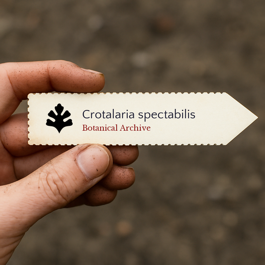 ป้ายพืชพิมพ์สำหรับ โครตาลาเรีย สเปกตาบิลิส พร้อมโลโก้ Botanical Archive ถือด้วยมือ