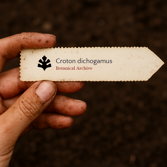 ป้ายติดชื่อพืชพิมพ์สำหรับ โครตอน ไดโคกาเมอัส held by dirty hand over soil background