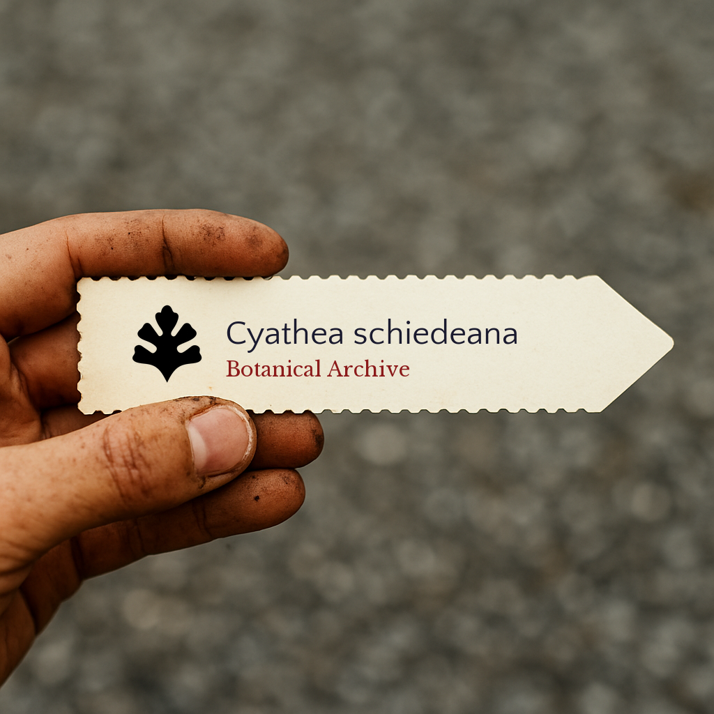 Bedrucktes Pflanzenetikett für Cyathea schiedeana, in der Hand gehalten, mit Erde im Hintergrund