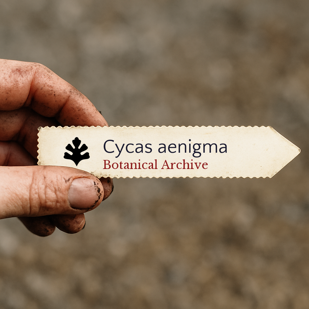 Etiqueta de planta impressa para Cycas aenigma segurada à mão com terra nos dedos