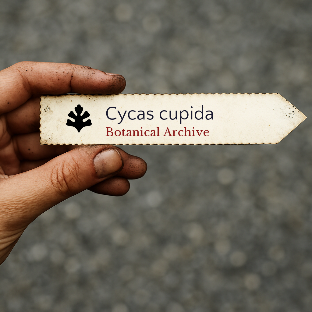 Bedrucktes Pflanzenetikett für Cycas cupida mit Botanical Archive Logo, gehalten von schmutziger Hand