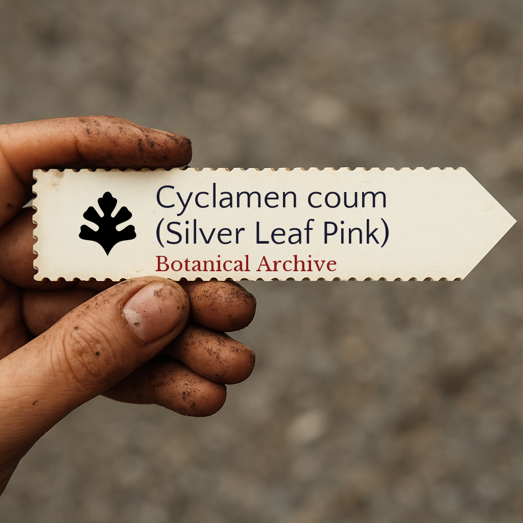 Printed plant label for Cyclamen coum held by dirty hand with blurred background