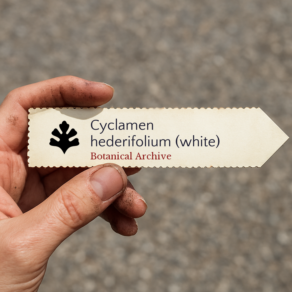 Bedrucktes Pflanzenetikett für Cyclamen hederifolium mit weißen Blüten, in der Hand gehalten