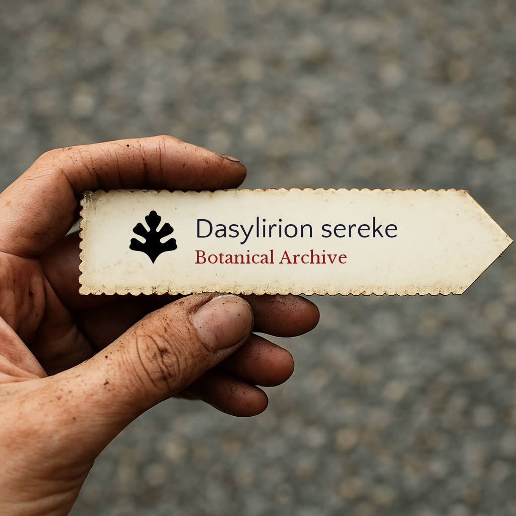 Etichetta vintage dell’archivio botanico per Dasylirion sereke tenuta in mano