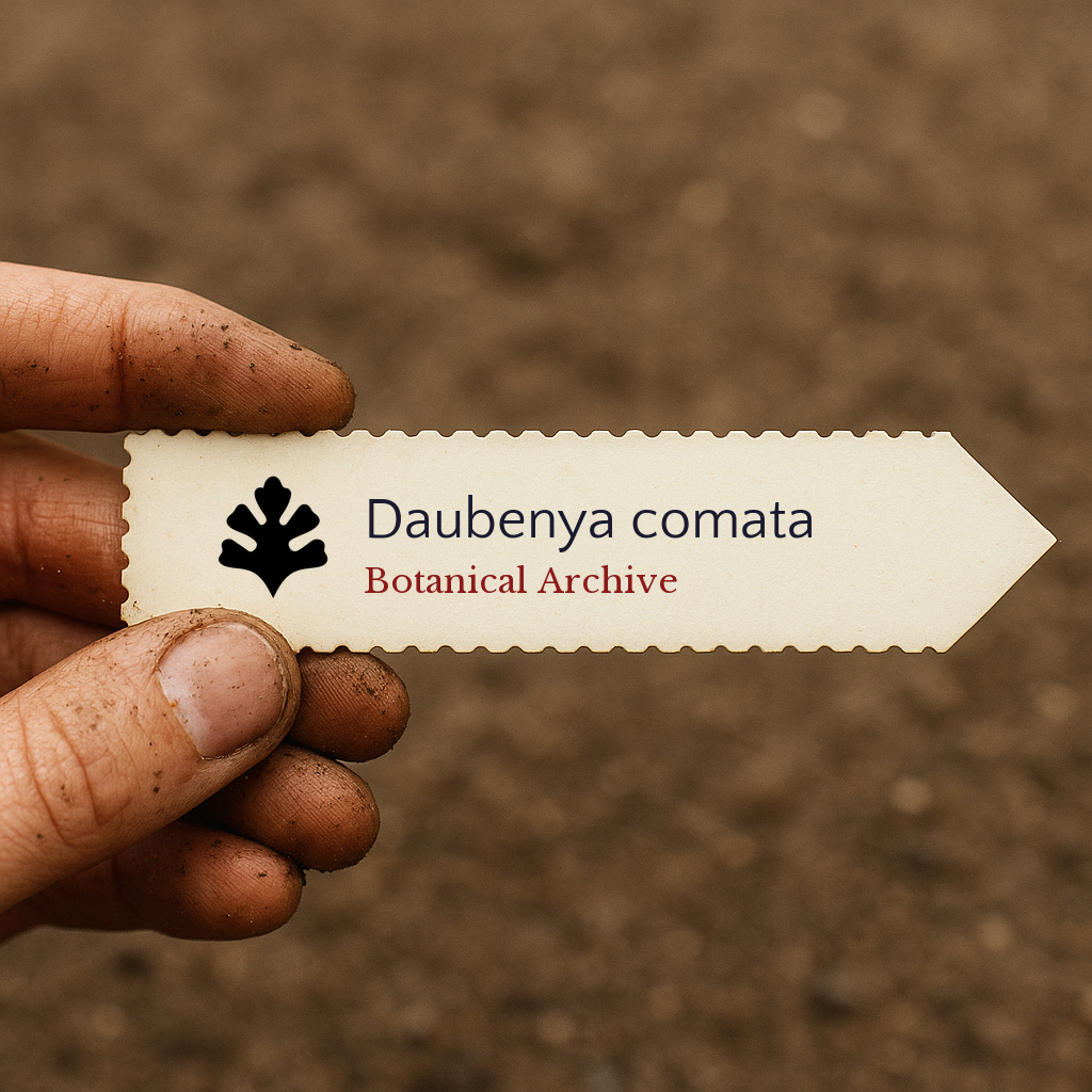 Printed plant label for Daubenya comata held by dirty hand over soil background
