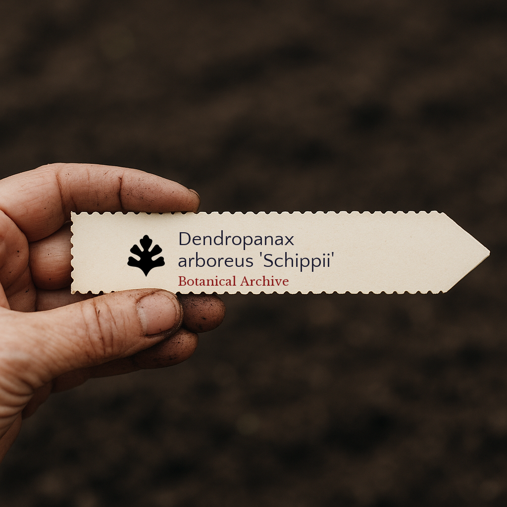 Etiqueta de planta impressa para Dendropanax arboreus 'Schippii' segurada em mão suja sobre fundo de terra