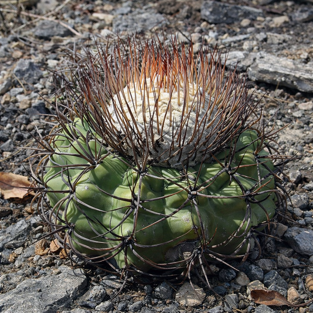 Discocactus sp. sjelden kaktus med grønn ribbet kropp og lange rødaktige pigger på steinete grunn
