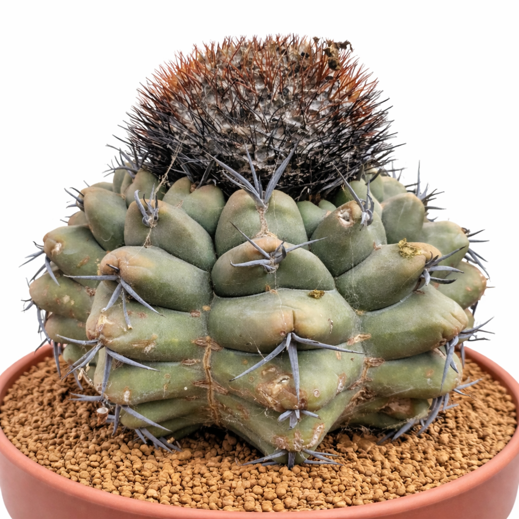 ディスコカクタス属 多肉植物のサボテンで、厚い緑色のいぼとその上に密集した茶色のとげがあります