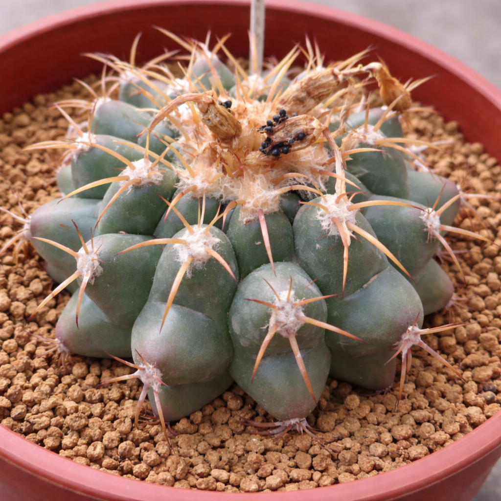 디스코카투스 속 다육 식물 선인장, 둥근 혹과 긴 황색 가시가 있는 화분 식물