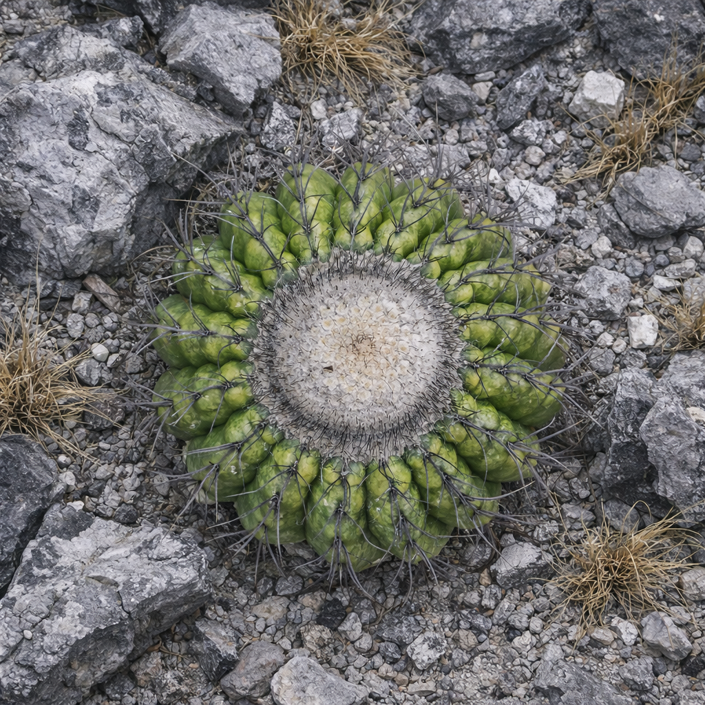 디스코카투스 속 타이오베라스 희귀 다육 식물 선인장, 방사형 가시와 울 모양의 중앙, 바위 지형에서 자람