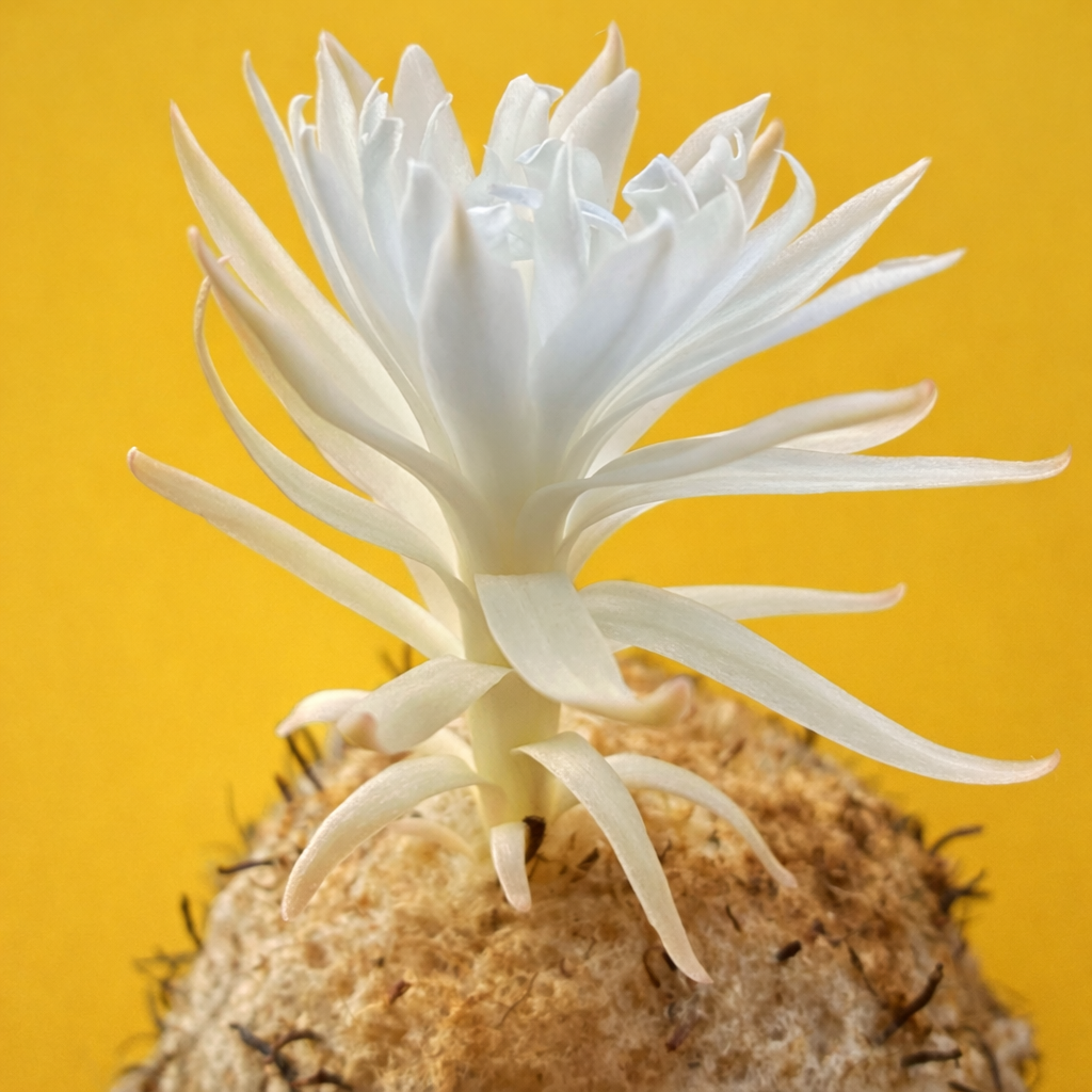 Discocactus spinosior rare cactus with delicate white flower and spiny textured body