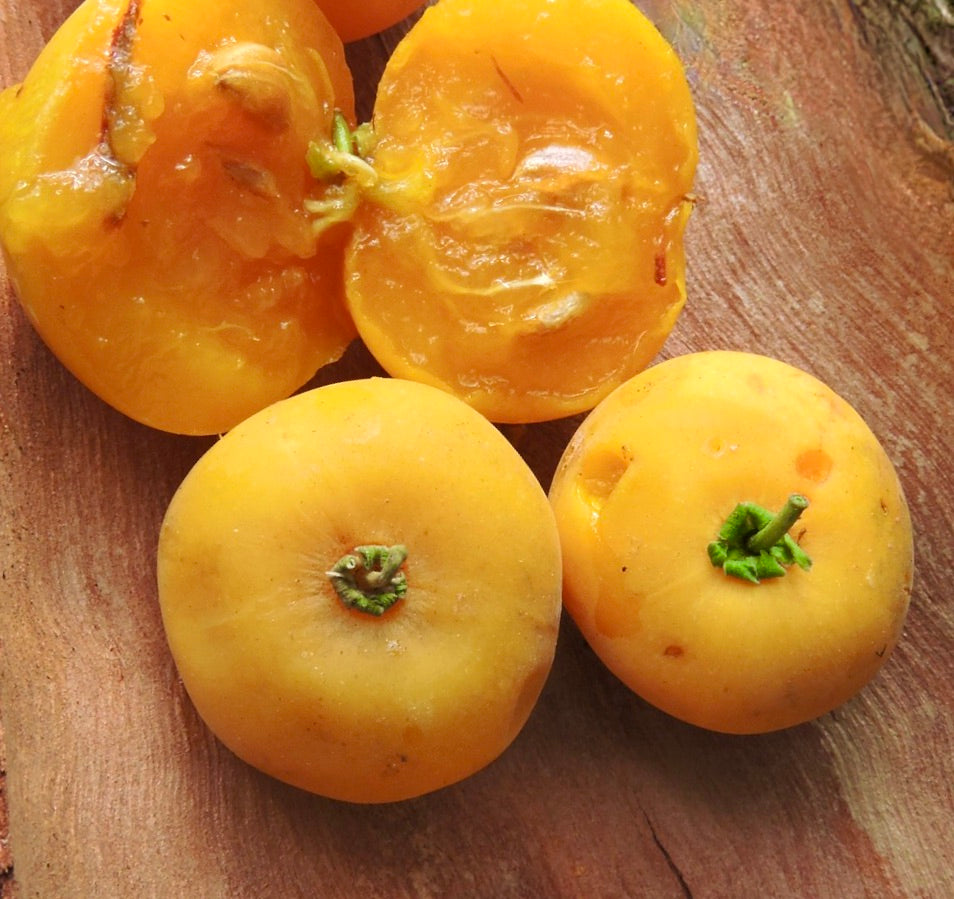 ผลสุกสีเหลืองของโดไวอาลิส คาแฟรา มีผิวเรียบและก้านสีเขียวบนพื้นผิวไม้