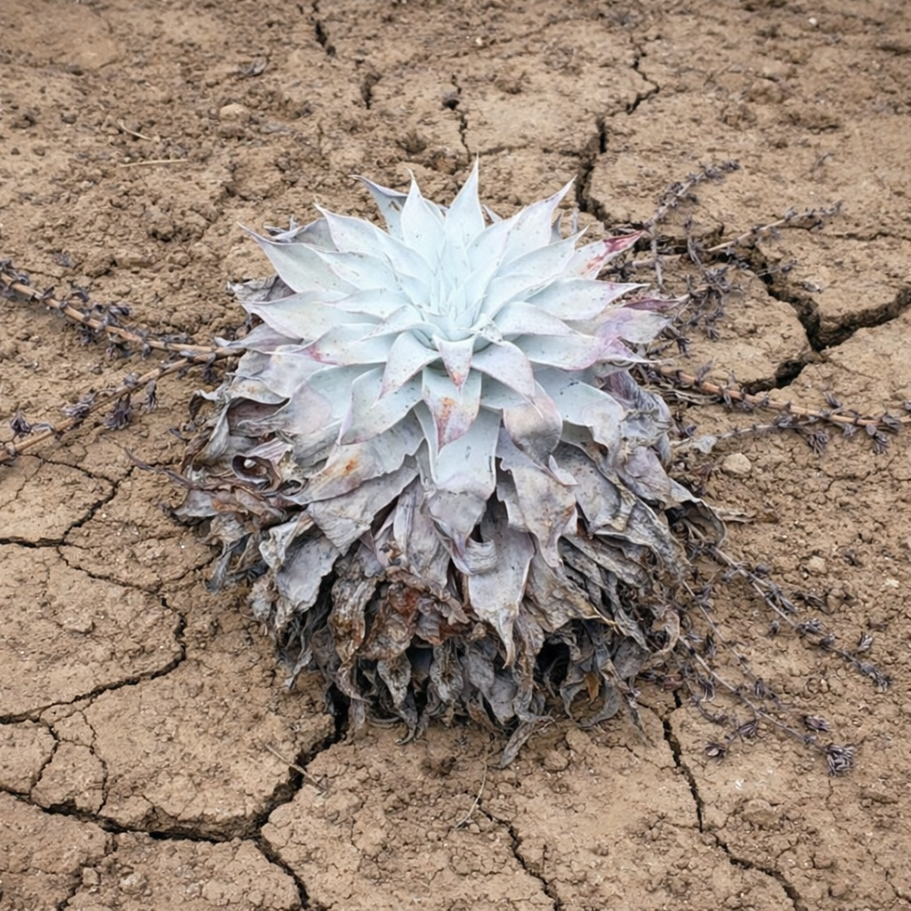 더들레아 풀버룰렌타 다육질 로제트와 건조하고 갈라진 토양 위의 하얀 가루가 낀 잎사귀