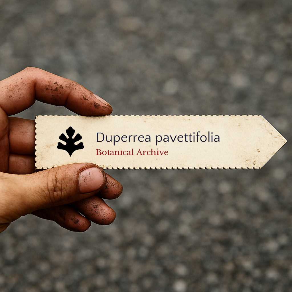 Bedrukte plantenlabel voor Duperrea pavettifolia vastgehouden door een vuile hand buiten