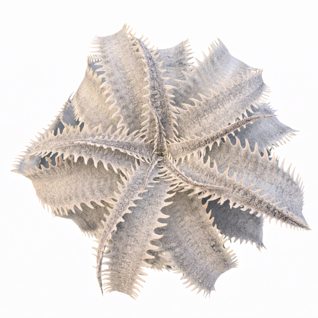 Dyckia marnier-lapostollei var. estevesii sjelden piggete sukkulent med sølvgrå teksturerte blader