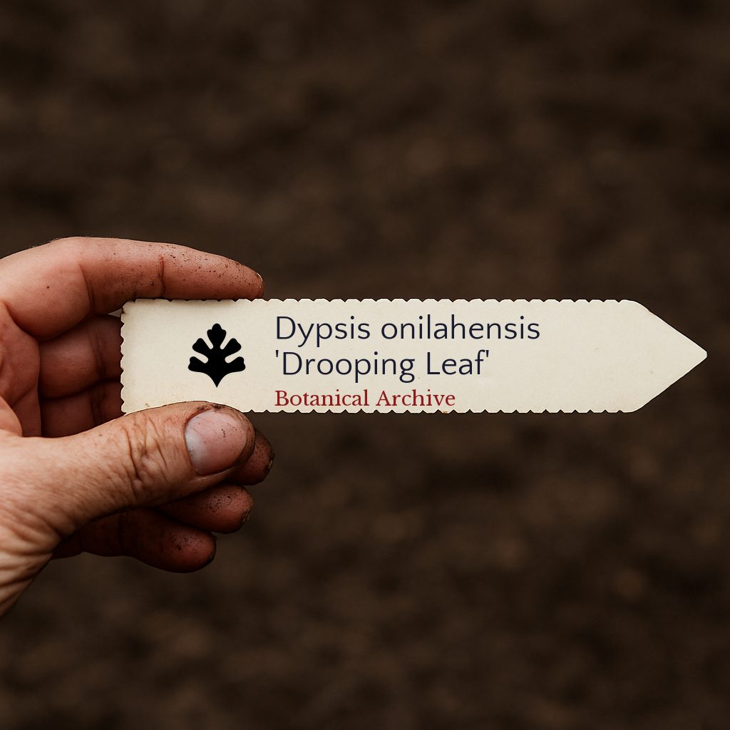 Gedrukt plantenlabel voor Dypsis onilahensis 'Drooping Leaf' in hand gehouden met een achtergrond van aarde