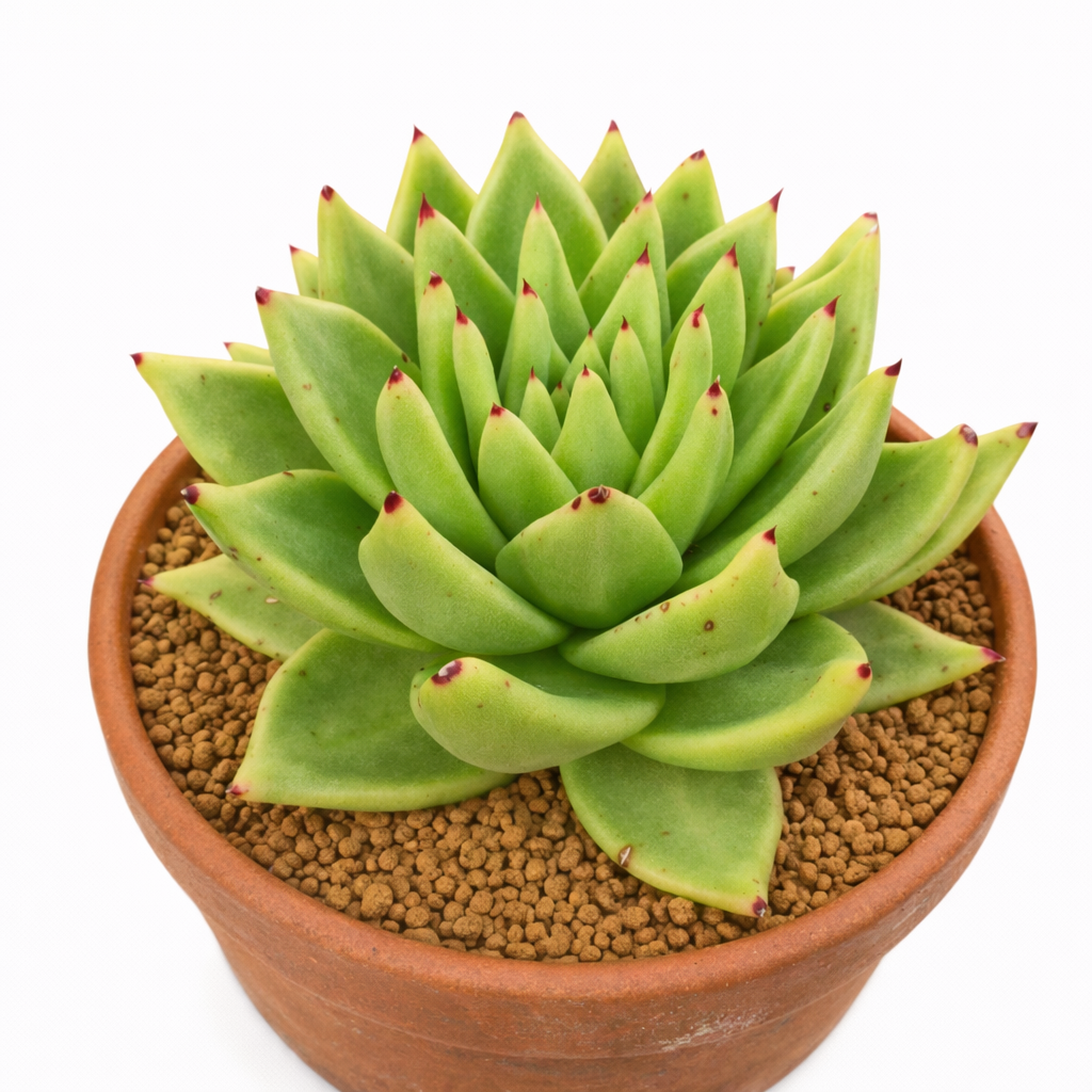 Echeveria agavoides var. corderoyi succulent rosette with pointed green leaves and red tips in terracotta pot