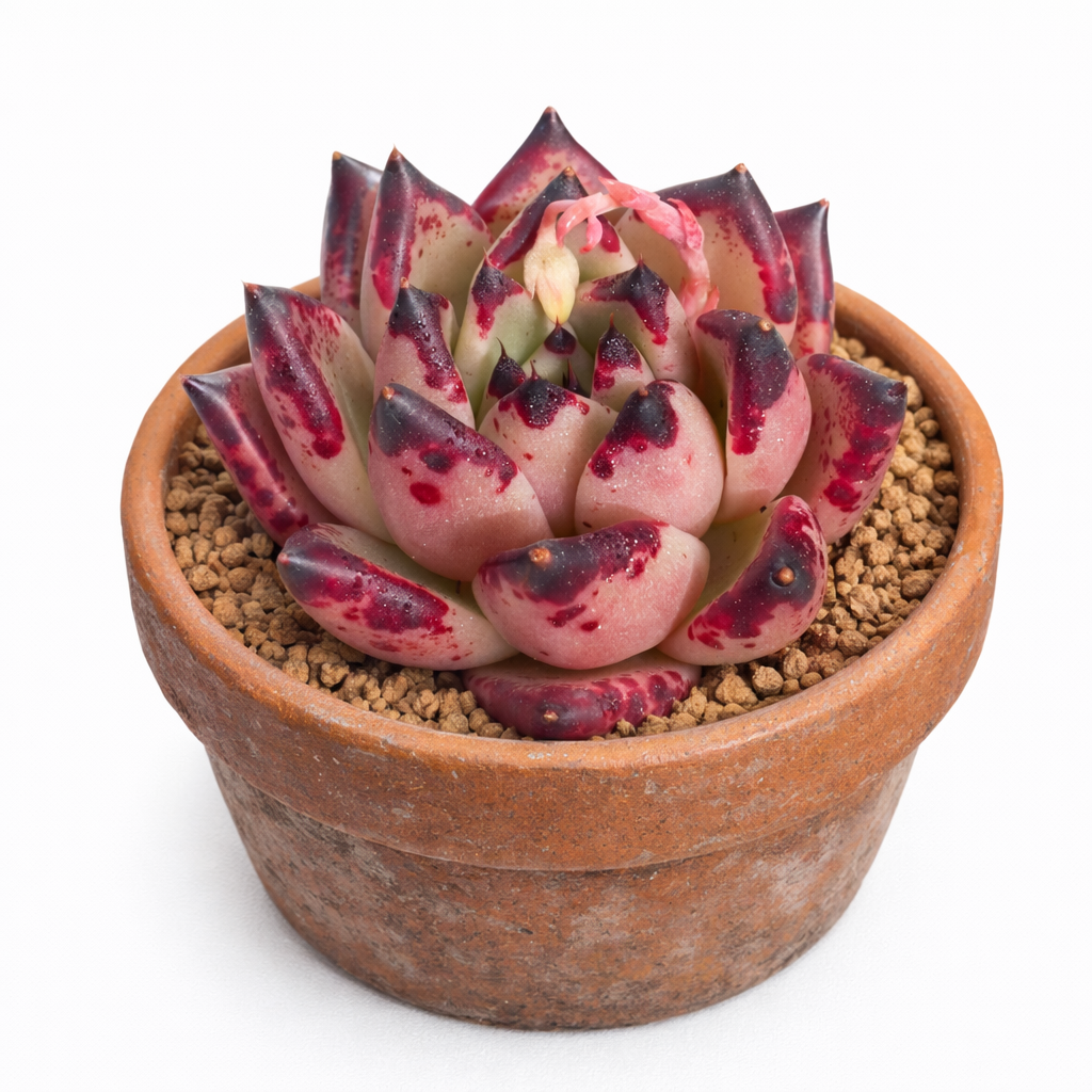 Echeveria agavoides var. ebony sukkulent rosett med mørkerøde bladspisser i terrakottapotte