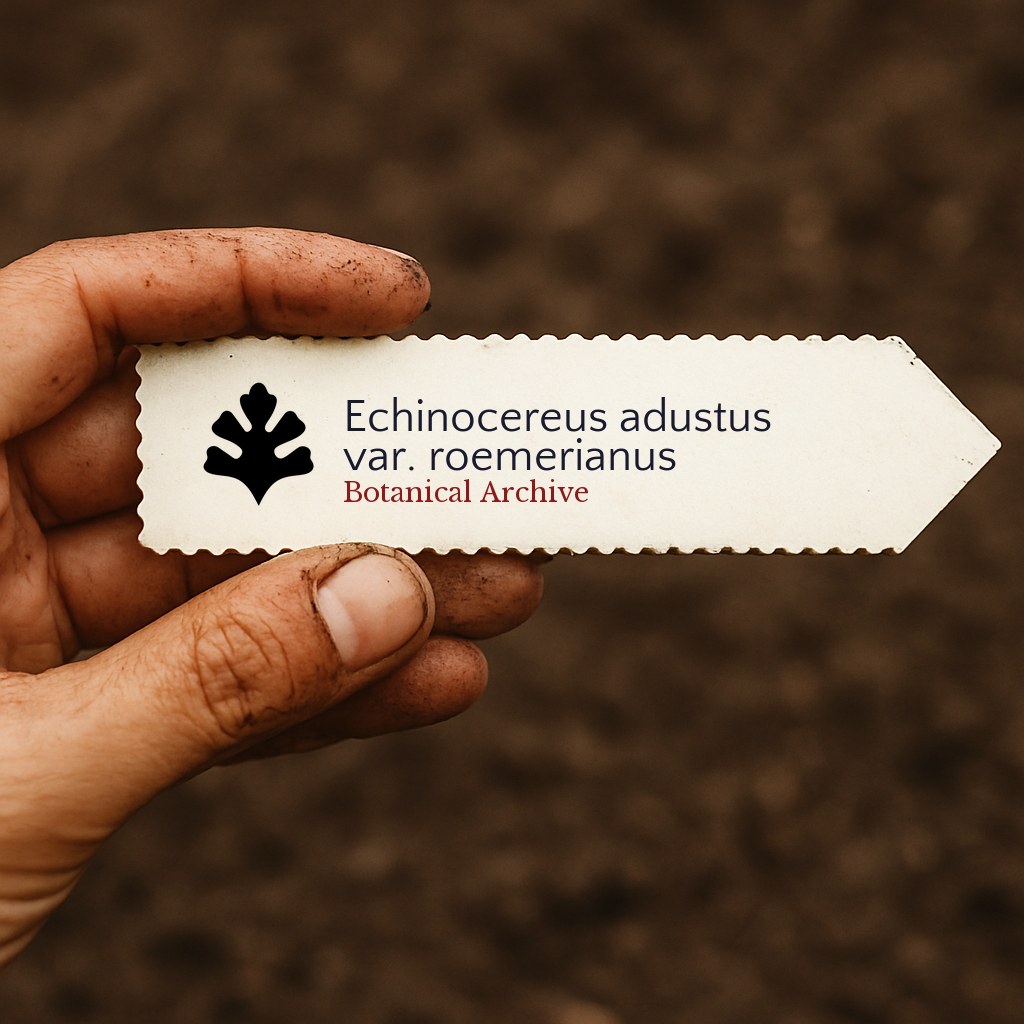 Printed plant label for Echinocereus adustus var. roemerianus with botanical archive logo