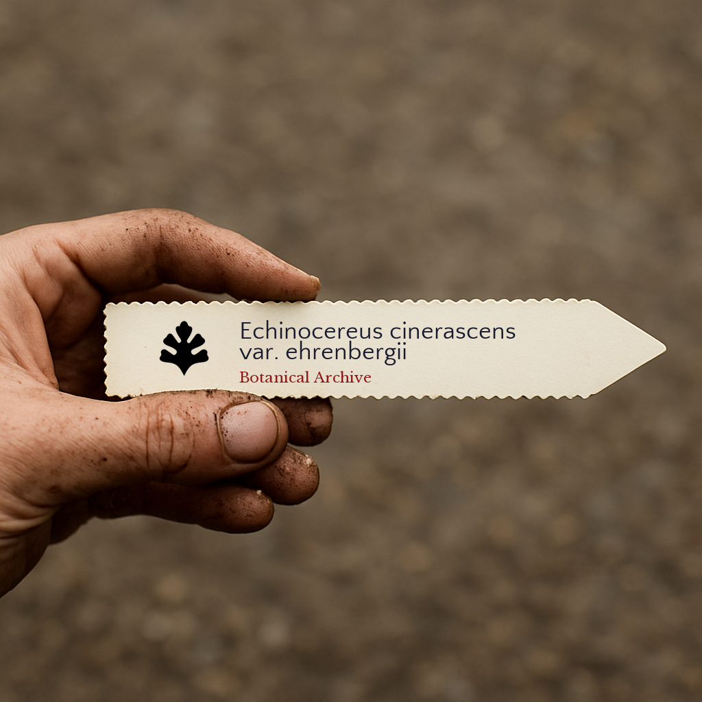 Etiqueta de planta impresa para Echinocereus cinerascens var. ehrenbergii sostenida por mano sucia al aire libre