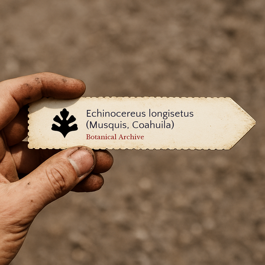 Printed plant label for Echinocereus longisetus with botanical archive logo