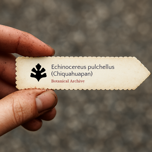 Printed plant label for Echinocereus pulchellus (Chiquahuapan) held by hand
