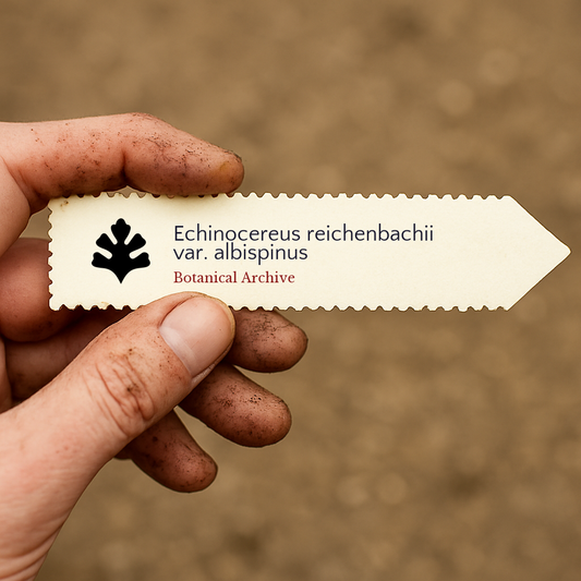 Printed plant label for Echinocereus reichenbachii var. albispinus held by dirty hand