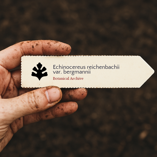 Plant label for Echinocereus reichenbachii var. bergmannii held by dirty hand over soil background