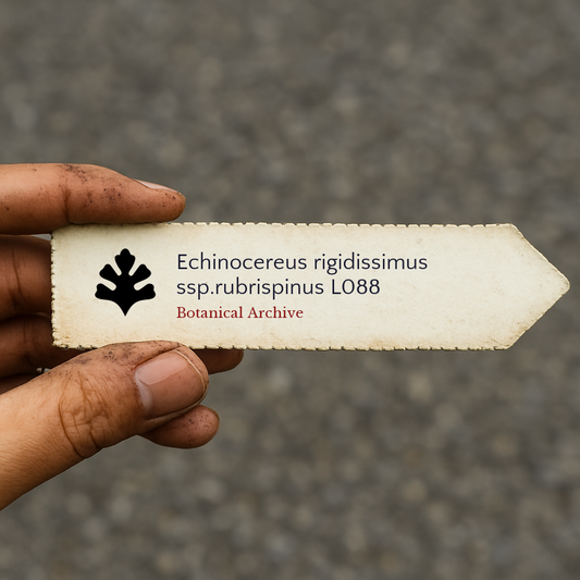 Printed plant label for Echinocereus rigidissimus ssp.rubrispinus held by dirty hand outdoors