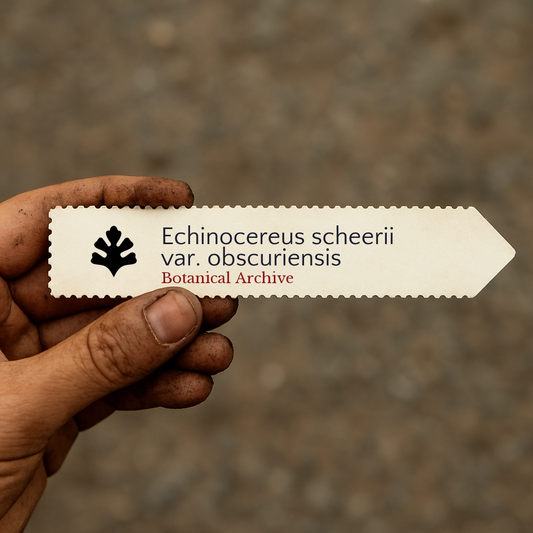 Printed plant label for Echinocereus scheerii var. obscuriensis held by dirty hand outdoors